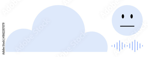 Cloud computing, data storage, voice assistance, AI technology, digital communication, speech recognition. Graphic of a cloud, face icon and sound wave. Cloud computing and voice assistance concept