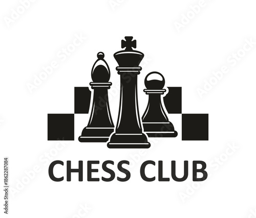 Chess game sport play contest monochrome icon. Chessboard club emblem, board game competition vector symbol. Chess sport icon with bishop, king, and pawn over board, symbolizing strategy and intellect