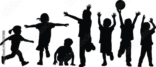 Happy children playing silhouettes, kids jumping celebrating fun freedom teamwork childhood vector illustration design