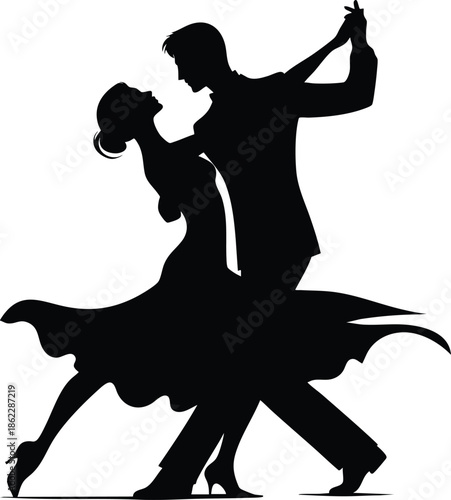 Formally dressed couple passionate ballroom dance movement, romantic couple dancing vector illustration