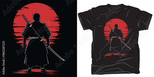 Samurai silhouette warrior in front of red sun Japanese art vector design for t-shirt print