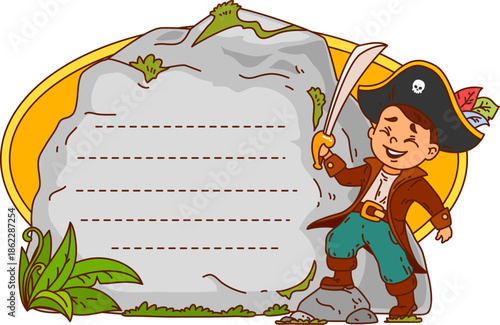 Pirate and corsair kids memo note frame with cute cartoon captain boy with a sword standing beside a large rock with dashed lines for writing. Vector adventure themed template for messages or list