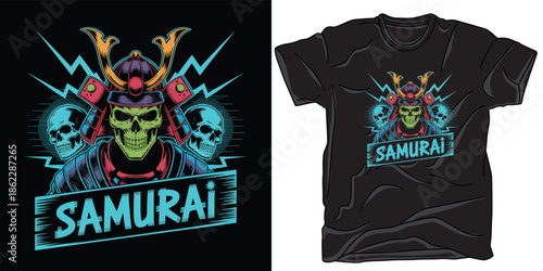 Samurai skull in helmet with lightning and traditional japanese weapons graphic design t-Shirt vector print 