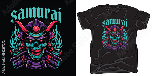 Samurai skull t-shirt design with helmet and swords vector illustration
