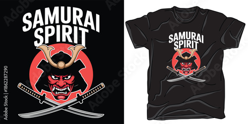 Samurai spirit illustration with a fierce red oni mask and crossed katanas against a red sun background graphic design t-Shirt vector print 