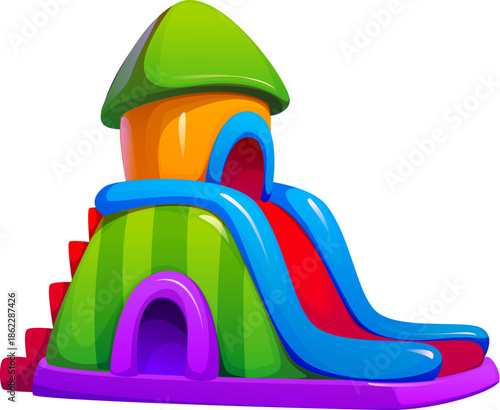 Trampoline park inflatable vector bouncy castle with red slide, green pointed roof, orange tower wide entrance arch. Inflatable steps lead to the top at the back. Bouncy house, amusement park castle