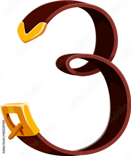 Pirate font type leather belt number 3 three. Maritime typography vector number, corsair marine sailing font numeral symbol. Piracy treasure hunt typeface digit with pirate costume element