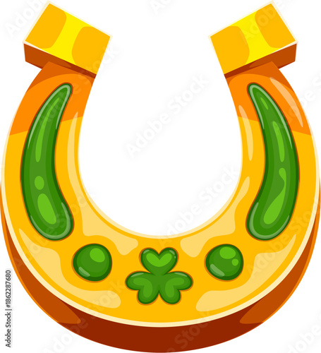 St Patrick day symbol of golden horseshoe with shamrock clover ornament, cartoon vector. Happy Saint Patrick festival, Ireland national holiday and Irish traditional symbol of lucky golden horseshoe