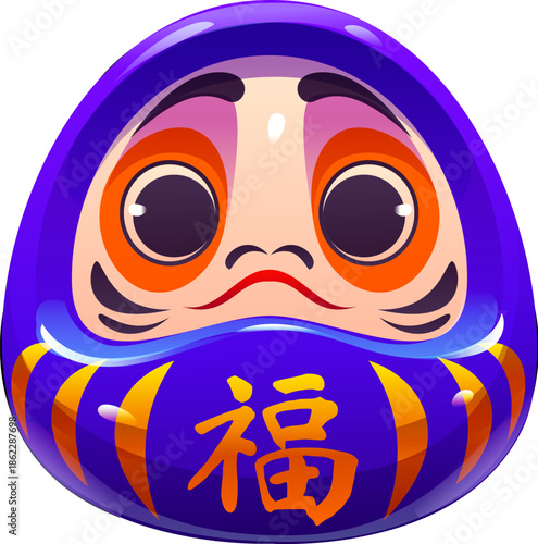 Cartoon traditional Japanese Daruma doll talisman in bright blue tones with orange eyebrows, black strokes and kanji character for fortune. Vector Japanese Daruma doll with face and purple ornament