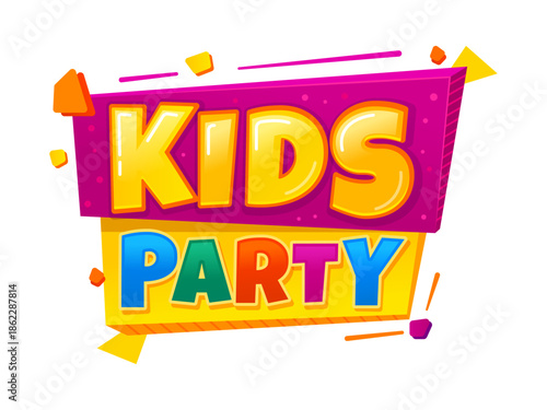 Kids entertainment game zone color icon or tag. Kids amusement park icon, children party room isolated vector tag or sticker. Baby playground area cartoon label with golden and colorful typography