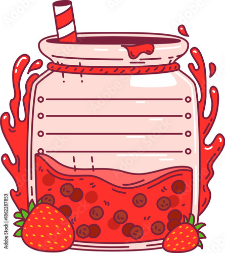 Kids memo note frame with red strawberry smoothie for sticker, cartoon vector label. Kids memo note or message sticker of notepad adhesive paper with strawberry berry jam in glass for memo notice