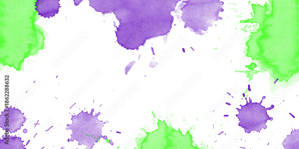 Obraz premium Vibrant green and purple watercolor splatters abstract background Dynamic paint splashes artistic texture for creative