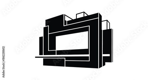 An abstract black and white illustration of a building with geometric shapes and layered design