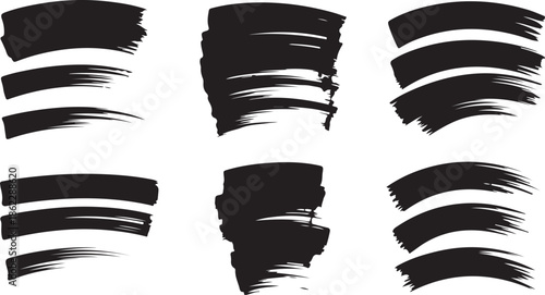A versatile collection of bold black paint brush strokes with varied orientations on a clear white backdrop