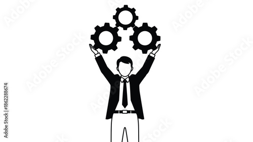 A person in a business suit successfully balancing multiple gears with outstretched arms symbolizing control and successful management