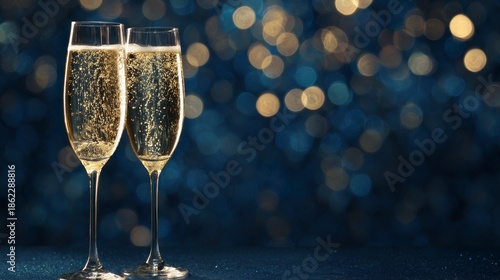 Two champagne flutes filled with bubbly, on a blue-bokeh background, celebrating a special occasion