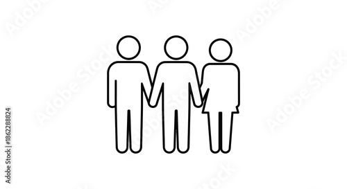 Simple black and white illustration depicting three stick figures standing closely together holding hands