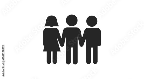 A simple black and white graphic depicts three stylized human figures standing closely together