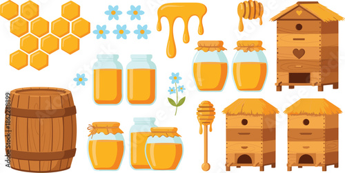 Flat vector illustration set of honey production elements including wooden beehives, glass honey jars, honeycomb, wooden barrel, dipper, and nectar flowers