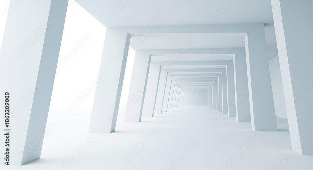 Fototapeta premium Abstract image of a white hallway with receding columns, creating a sense of depth and minimalist design, ideal for architecture or background use
