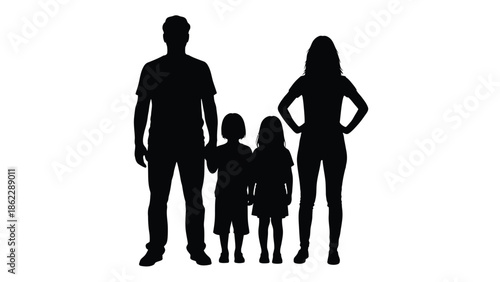 A striking silhouette depicts a family of four standing closely together showcasing a strong familial bond and unity