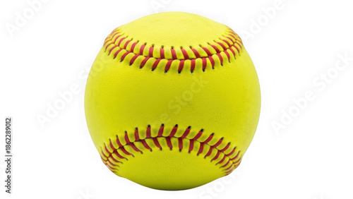 Bright yellow softball with red stitching