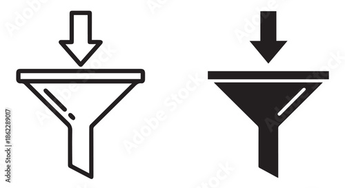 Two funnel icons, one outline and one solid, with arrows pointing down, isolated on transparent background