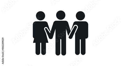 A simple black silhouette graphic depicts three people holding hands suggesting unity and teamwork