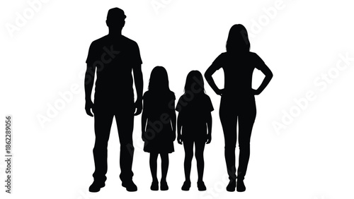 a silhouette of a family consisting of a mother father and two young daughters standing together