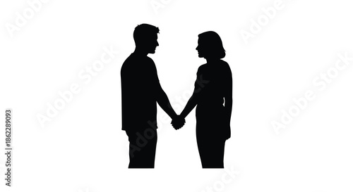 A silhouette of a couple standing close together holding hands facing each other