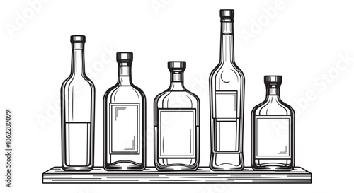 Five assorted bottles of various sizes and shapes on a shelf, isolated on transparent background