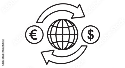 Global currency exchange icon with euro and dollar symbols and arrows isolated on transparent background