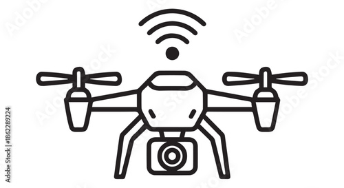 A line art illustration of a drone with a camera and wifi signal, representing aerial photography and technology isolated on transparent background