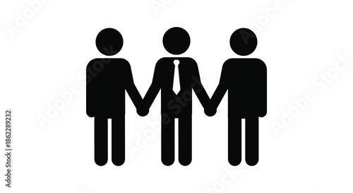 Simple black silhouette illustration depicting three people standing closely together holding hands