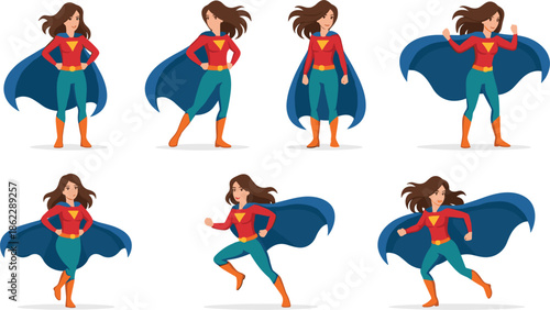 Flat vector illustration set of a male superhero character with a mask and cape in different action poses flying and standing isolated on white.