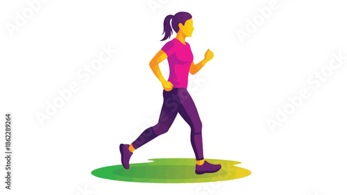 A vibrant illustration depicts a woman joyfully running showcasing fitness health and an active lifestyle with focused determination
