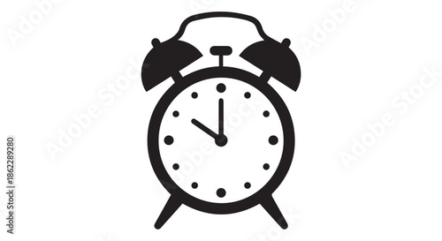 Black and white illustration of an alarm clock with bells on top, isolated on transparent background