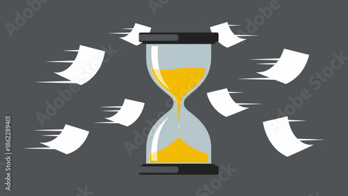 An hourglass with sand flowing through it surrounded by flying papers on a dark gray background from a straightforward viewpoint