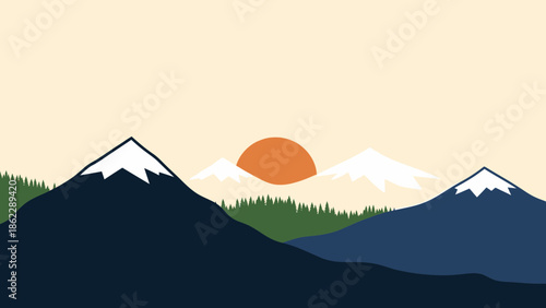 Serene mountain landscape at sunrise with trees and snow-capped peaks in the distance