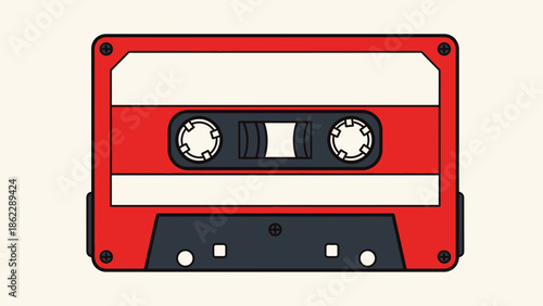 A red cassette tape on a plain white background viewed from directly above