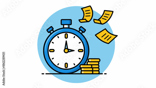Time management illustration depicting a stopwatch and financial documents