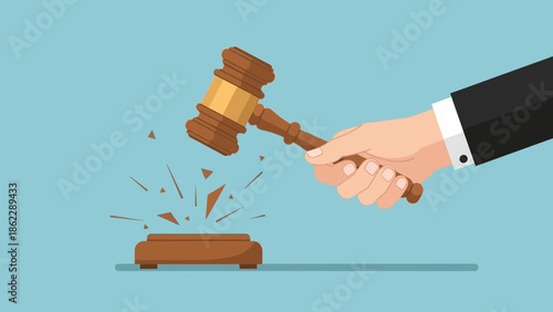 A hand holding a gavel about to strike a wooden block on a flat surface