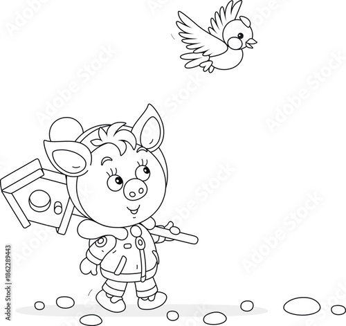 Happy little piglet carrying a small wooden homemade birdhouse to nail it to a spring tree for a small bird, black and white outline vector cartoon illustration for a coloring book