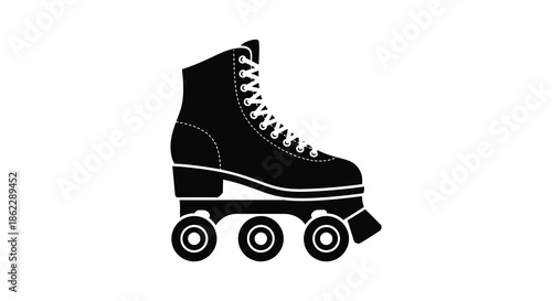 A simple black and white illustration depicts a single roller skate showcasing its classic design