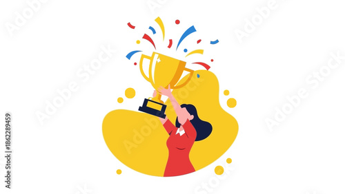 Woman Celebrating Victory with Trophy Illustration
