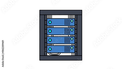 Illustration of a server rack with multiple blue servers and cables inside a dark grey enclosure