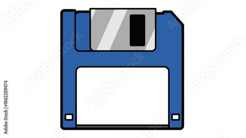 A blue floppy disk with a label area is depicted in a simple illustration style