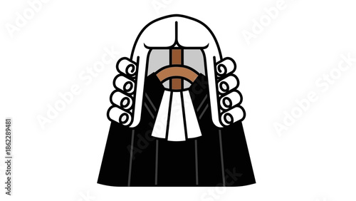 A detailed illustration of a judge wearing a black robe and white wig holding a gavel