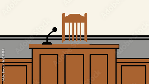 A wooden judge's bench with a microphone and empty chair in a courtroom setting viewed from the front