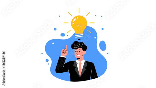 A man in a suit pointing upwards towards a lightbulb surrounded by blue bubbles